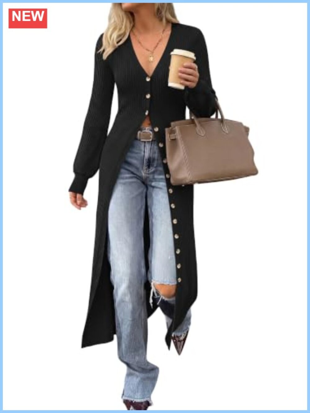 Ribbed Knit Button Up Long Cardigan V Neck Midi Sweater Dress